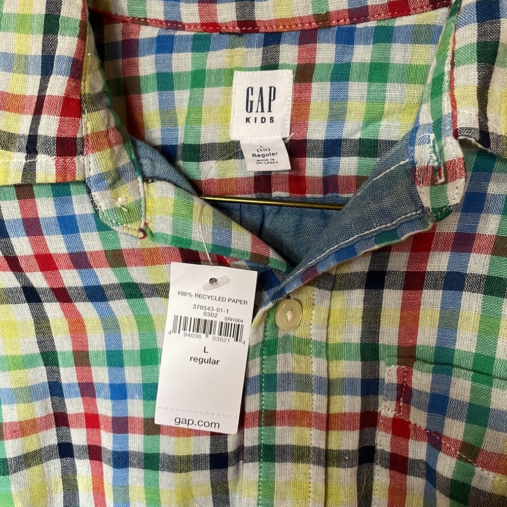 NWT Gap Kids Gingham 🔴🔵🟢🟡  L/S Button Down Shirt Size L (10)
